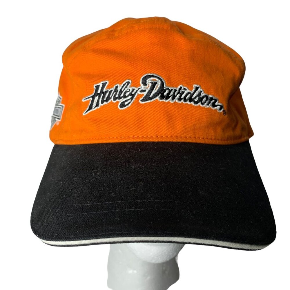 Harley Davidson Adjustable Strap Dad Hat Cap Orange Black Embroidered Buckle